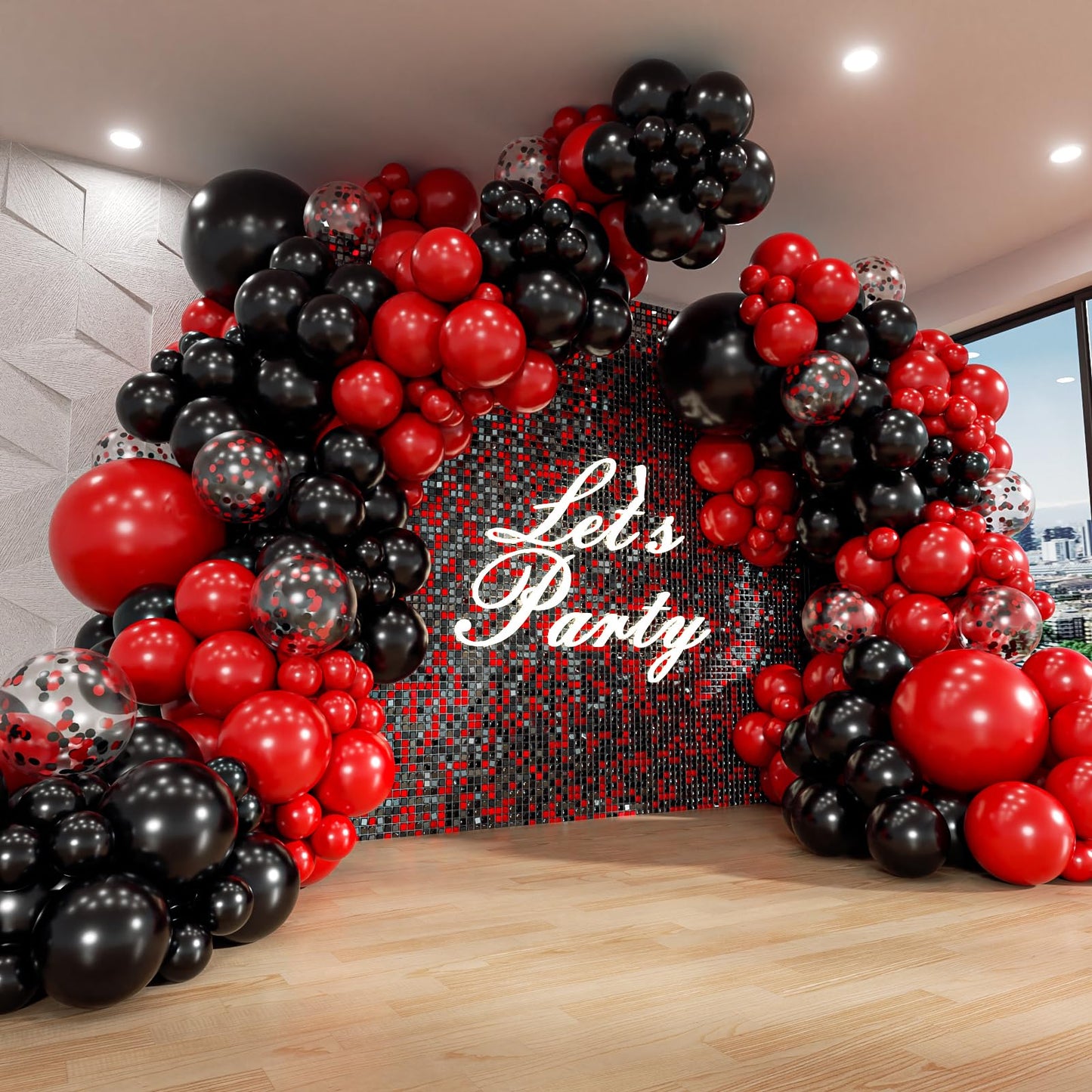 Red and Black Balloon Arch Garland Kit with Black Red Confetti Balloons for Graduation Anniversary Valentine New Year Birthday Party Decorations