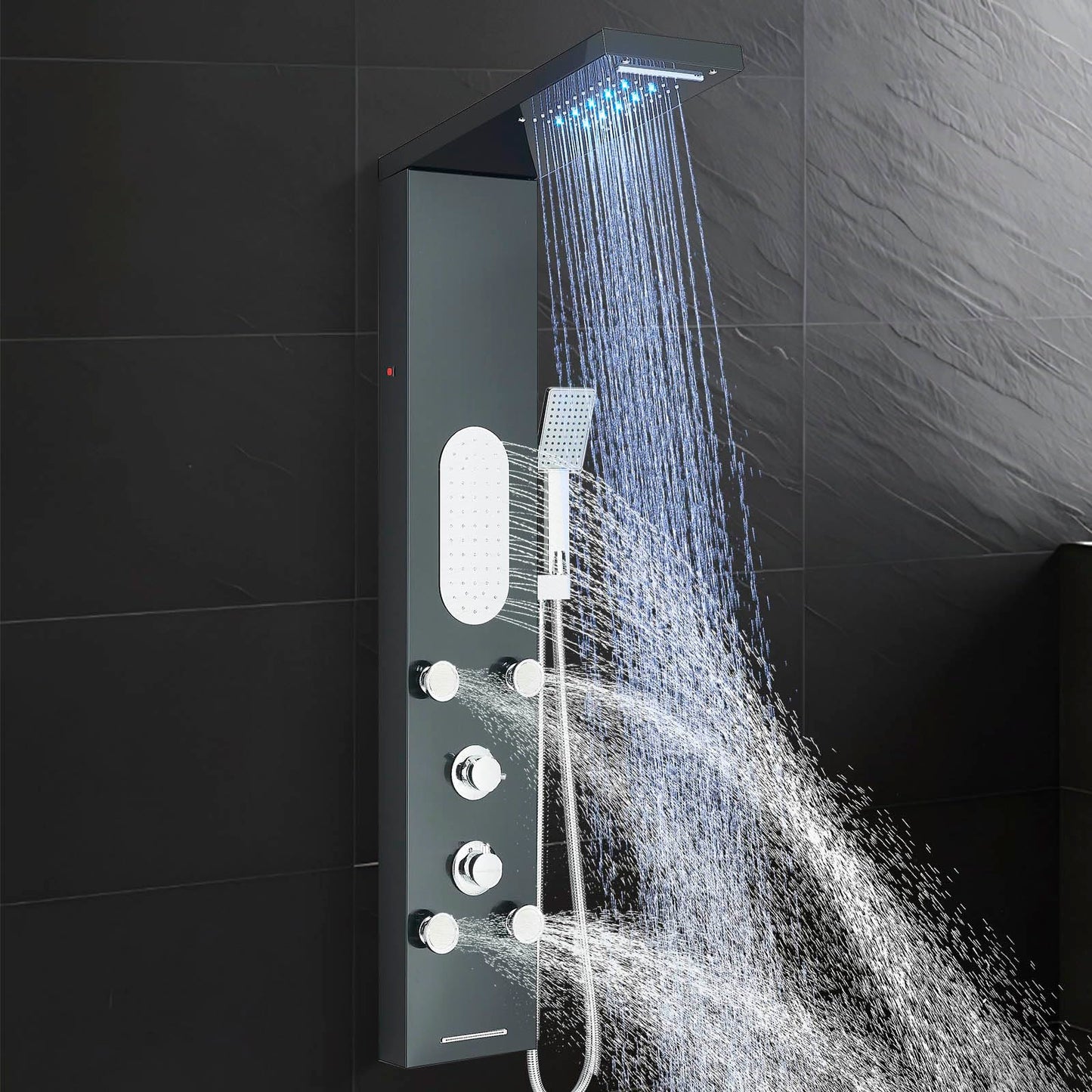 Luxury Shower Tower System with LED Shower Head, 5-Function Shower Column with Rainfall Waterfall Shower Head, 4 Body Jets, Handheld and Tub Spout,Body Waterfall Shower Panel Tower System Black-8125
