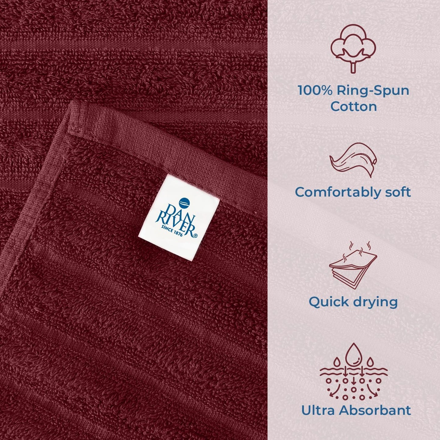 DAN RIVER Pack of 2 Bath Sheet 35x70 Inches, Ribbed Jumbo Bath Towels, Soft and Absorbent Extra Large Towels - Pomegranate