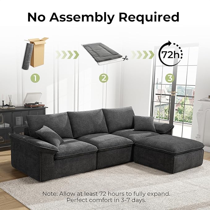 LIKIMIO 120" L-Shaped Modular Sectional Sofa, Cloud Sectional Couch with Deep Seat, Comfy Teddy Upholstery, Oversized 3-Seater with Ottoman, Boneless Couch for Living Room, No Assembly, Dark Grey