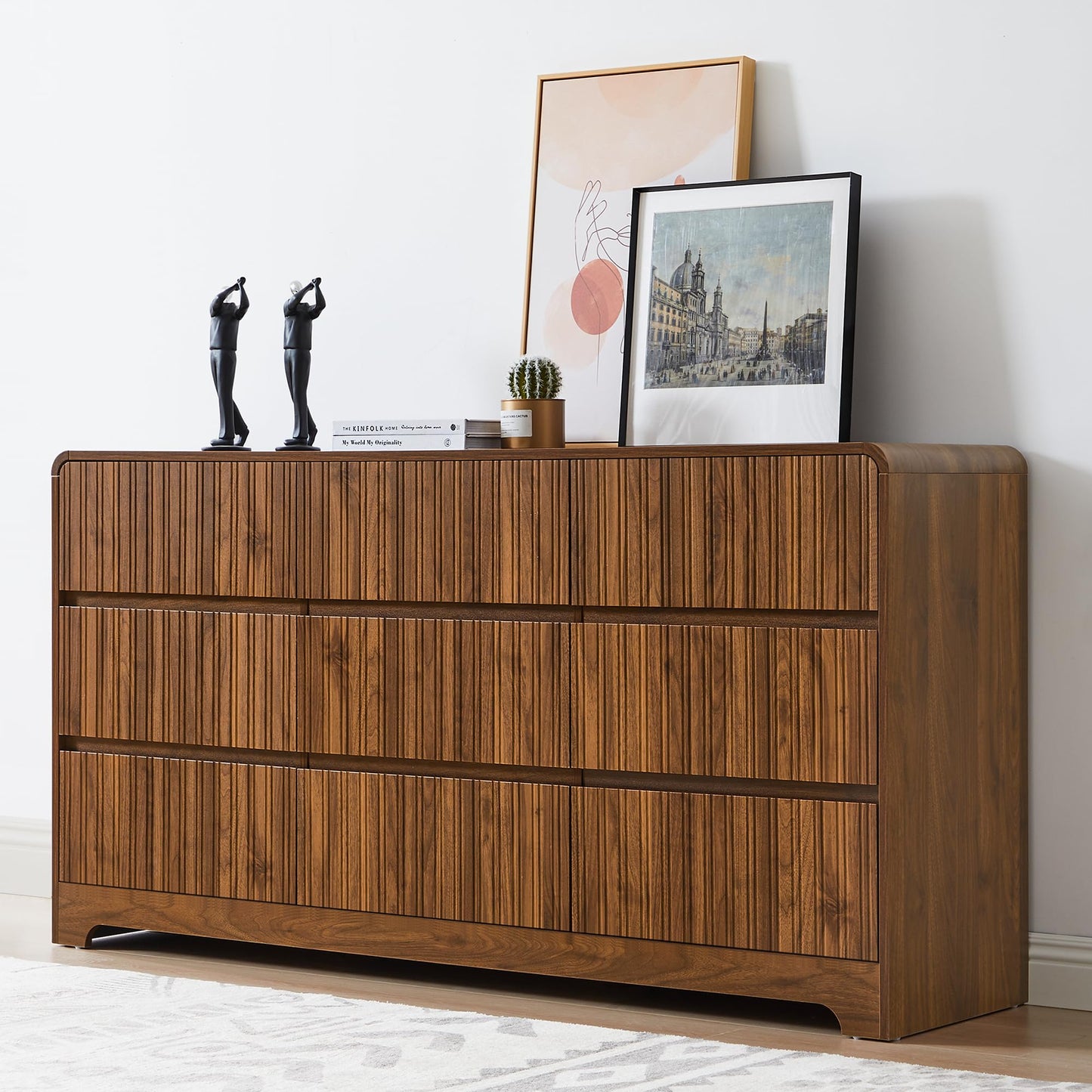 BERRYMERRY Fluted Dresser for Bedroom with 9 Drawers,63" Wide Modern Chest of Drawers with Curved Profile & Deep Drawer,Large Wood TV Dresser for Bedroom Living Room