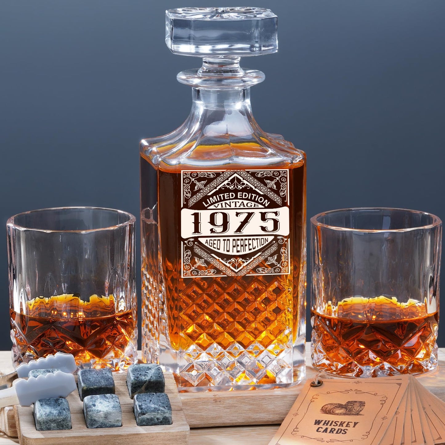 PONPUR 50th Birthday Gifts For Men Dad, 1975 Laser Whiskey Decanter Set with Gift Box, Anniversary Birthday Gift Ideas for Him Husband, 50 Years Bday Decorations, Whiskey Glasses & Whisky Stones Inc.