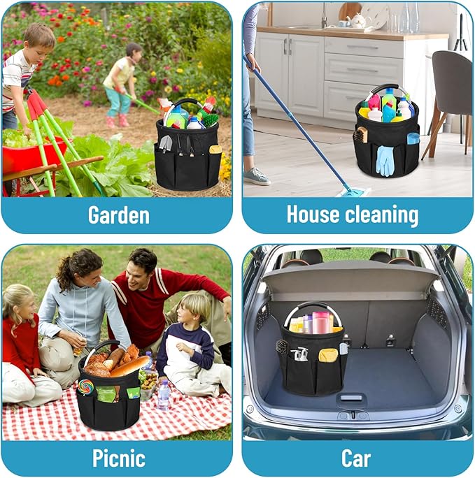 Wearable Cleaning Caddy，Cleaning Supplies Organizer Foldable Basket Bucket Tool with Handle Cleaning Bag for Cleaning Professionals, Auto Detailers, Housekeepers (black)