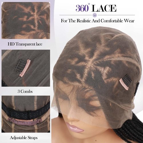 360 Full Lace Knotless Box Braided Wig, Long Black Synthetic Hair, Triangle Lace Front (Black, 34 inches)