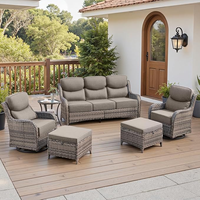 Belord Luxury 6" Thick Cushioned 6 Pieces Patio Furniture Set with Outdoor Couch, Wicker Outdoor Conversation Set with High Back Swivel Rocker Chairs for Deck Porch Yard and Poolside - Grey+Grey