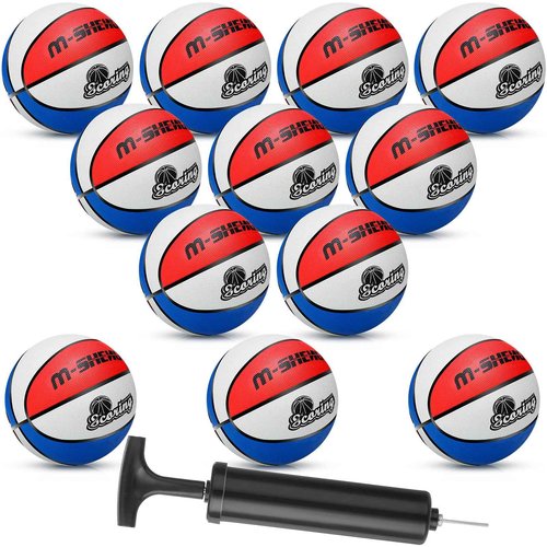 Jenaai 12 Pieces Rubber Basketballs Bulk Official Size 5 (27.5") Kids Youth Basketball Outdoor with Pump for Training and Play Teen Boys and Girls Gifts(Blue White Red)