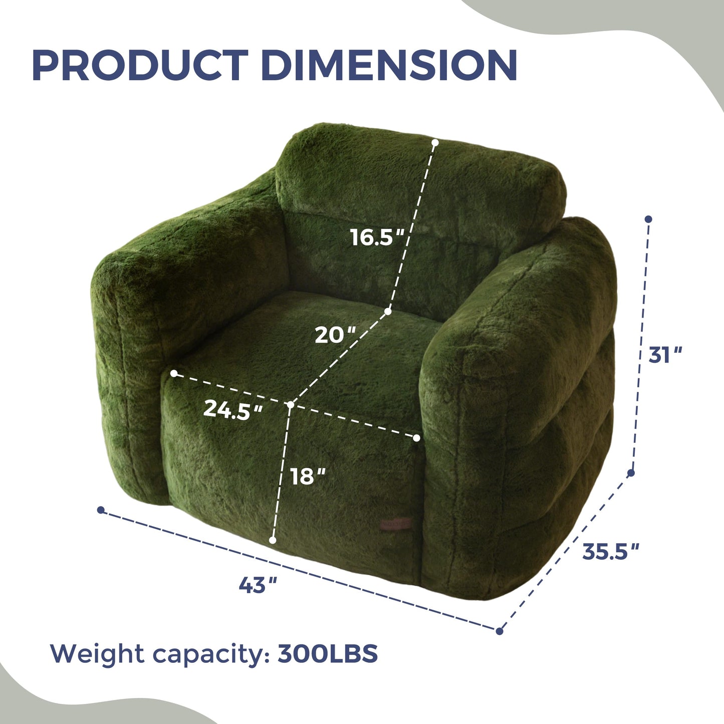 MAXYOYO Giant Bean Bag Chair for Adults, Ultra Soft Fluffy Bean Bag Sofa, Oversized Floor Sofa for Living Room Bedroom, Cozy Reading Chair with Filler, Green
