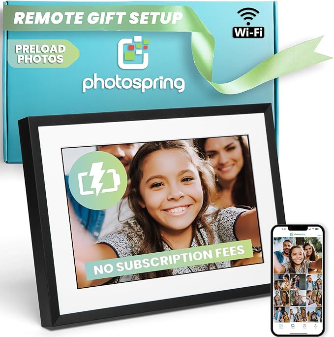 PhotoSpring w/Battery, 10in WiFi Digital Frame, No Subscription, Email App Web, USA Company, 32gb, Touch Screen, Play Videos up to 5 mins