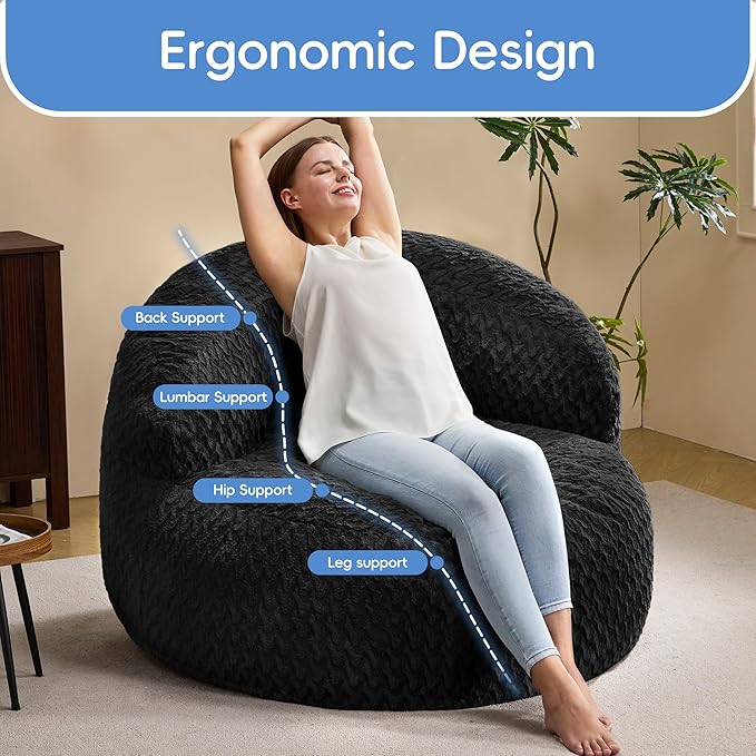 Hobestluk Bean Bag Chair Giant Bean Bag Chairs for Adults Big Bean Bag Chair with Memory Foam Filler Adults Large Beanbag with Faux Fur Cover for Bedroom (Chevron Black,Large)