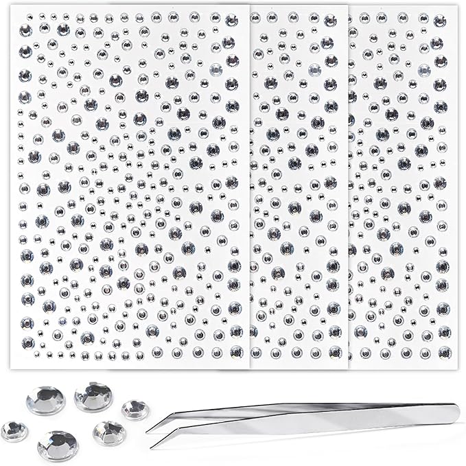 Face Gems Pearls for Makeup Rhinestone Stickers for Crafts Stick on Body Clear Crystal Tweezers Decals 3/4/5/6MM White Hair Nails Craft DIY Gems for Nails Makeup Decor 975PCS