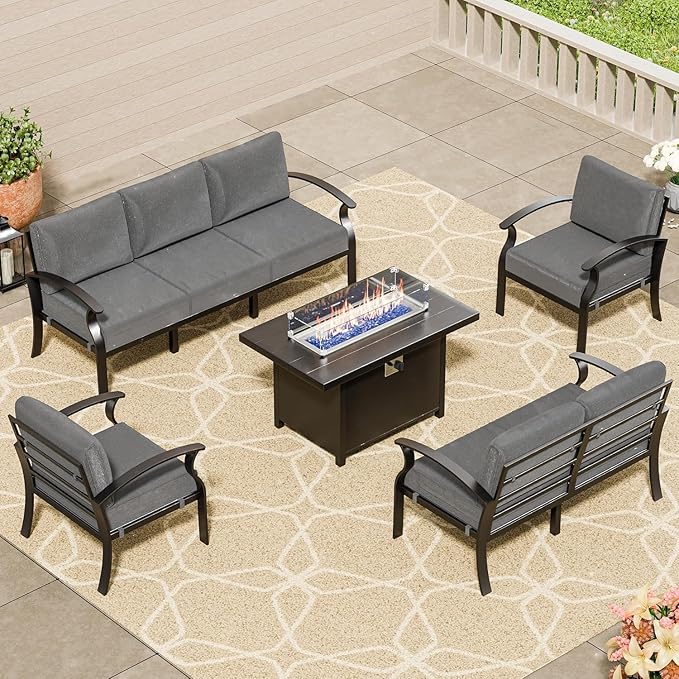 RTDTD Aluminum Outdoor Patio Furniture Set,5 Pieces 7 Seats Patio Conversation Sets with 45" Propane Fire Pit Table,Metal Patio Sectional Furniture Set w/5.1" Cushions for Porch,Deck,Backyard,Grey
