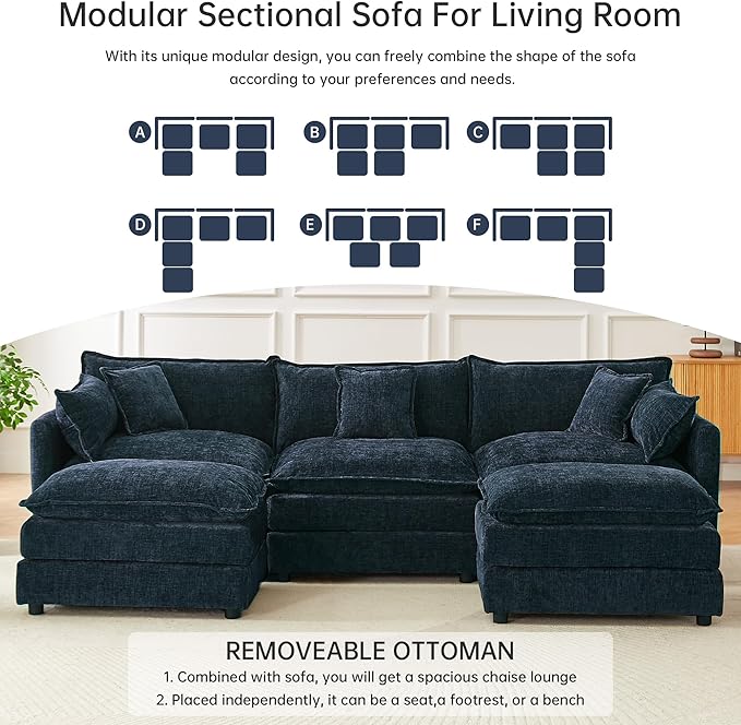 saows Modular Sectional Sofa, 112.2 Inch U Shaped Couch Set with Armrests, 3-Seater Comfy Cloud Couches with Movable Ottoman for Living Room Apartment, Blue