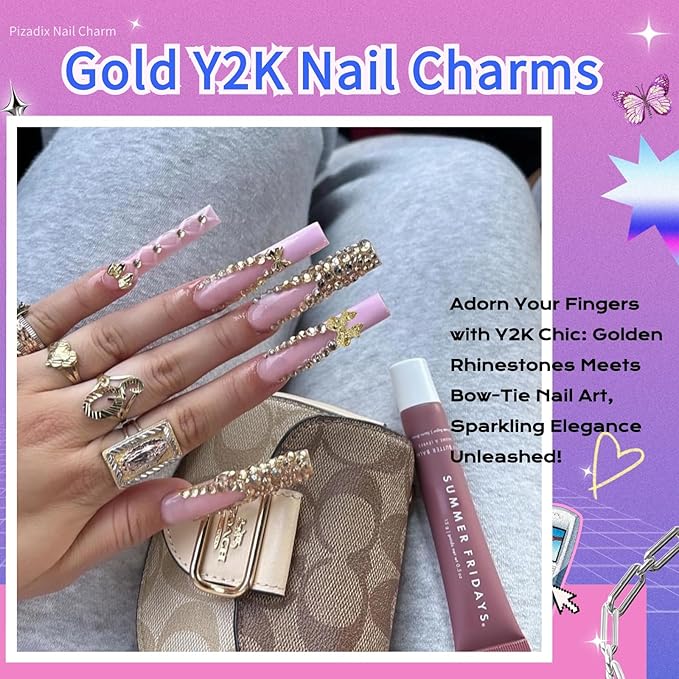 105 Pcs Y2K Gold Nail Charms Set - Gold Bees, Butterflies, Roses, Bows, Cherries, Cherry Blossoms Petals for Nail Decorations Jewelry