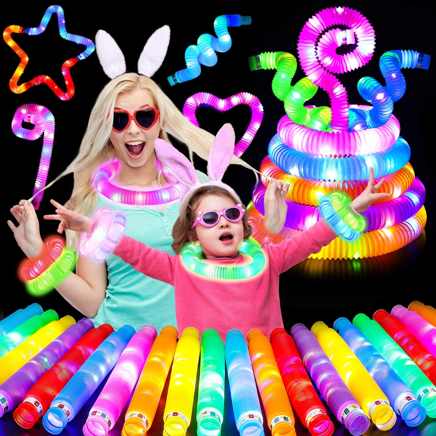 UrChoice Glow Sticks Party Favors for Kids, 25 PCS-LED Pop Tubes Neon Necklaces Bracelets, Glow in the Dark Party Pack, Light up Camping Toys for Toddlers, Imaginative Play ,Hours of Fun for Kids