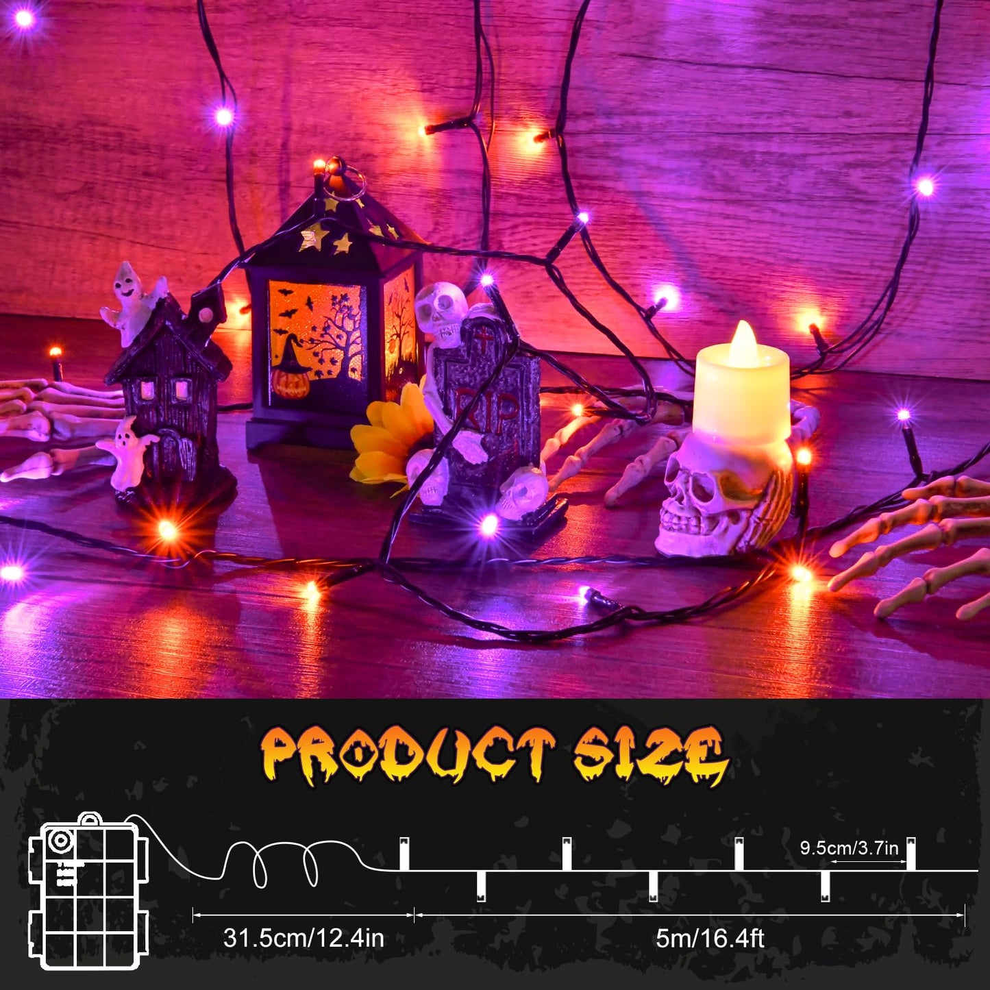 cshare Orange and Purple String Lights Battry Operated with Timer Waterproof, Halloween String Lights for Outside 16.4ft 50LED Indoor Outdoor Halloween Decorations Garland Party Patio Garden Yard