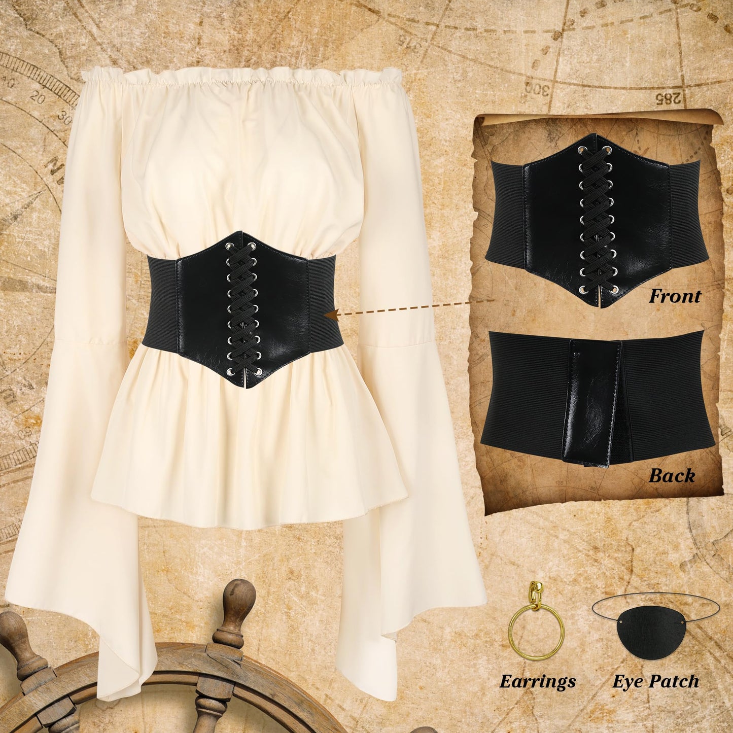 CICOCI Pirate Costume For Women With Accessories Renaissance Blouse Top Belt Headscarf Full Outfits Halloween Costume