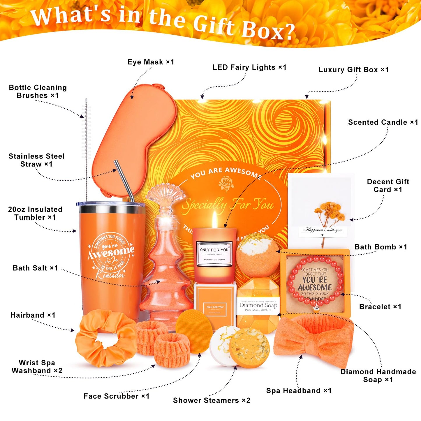Orange Fall Gifts for Women, Birthday Gifts for Women, Care Package for Women, Self Care Get Well Gifts, Mothers Day Halloween Christmas Gifts for Mom Her Best Friend Sister Wife Grandma