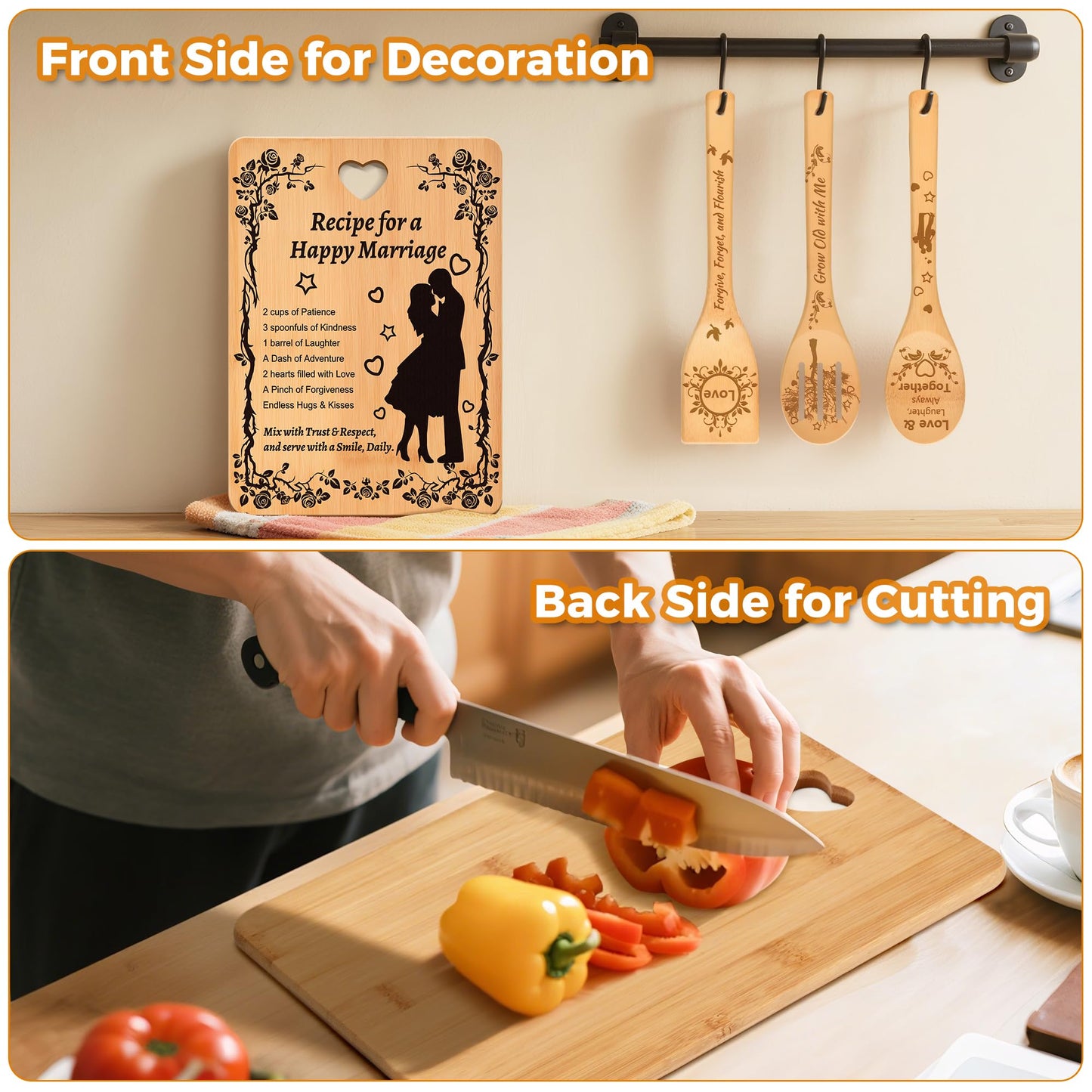 Wedding Gifts for Couples 2025: Personalized Bridal Shower Gift for Bride - “Recipe for a Happy Marriage”Heartfelt Bamboo Cutting Board + 3-Piece Engraved Utensils | Mr & Mrs Newlyweds