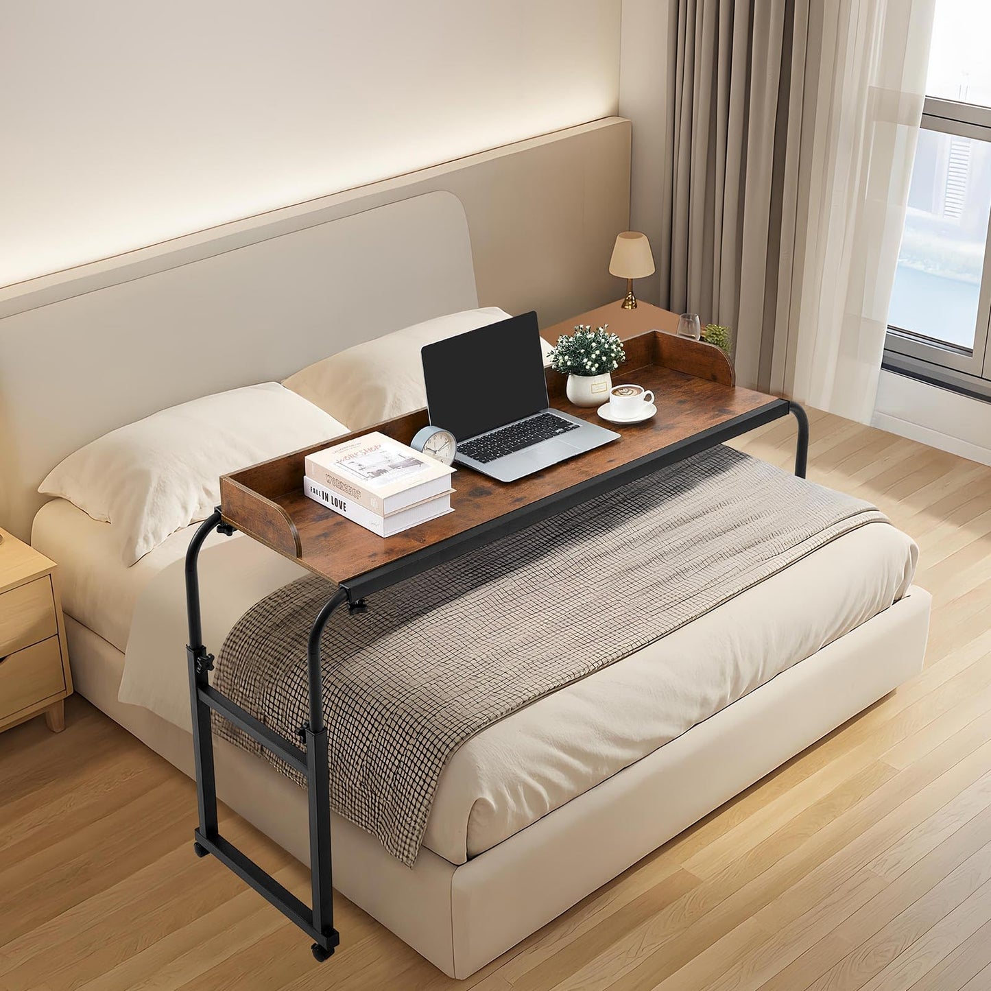 Leinuosen Overbed Table with Wheels Bed Desk Laptop Recliner Table Adjustable Height 55.1-82.7x25.6 x18.1 inches Overbed Laptop Desk for Hospital and Home use