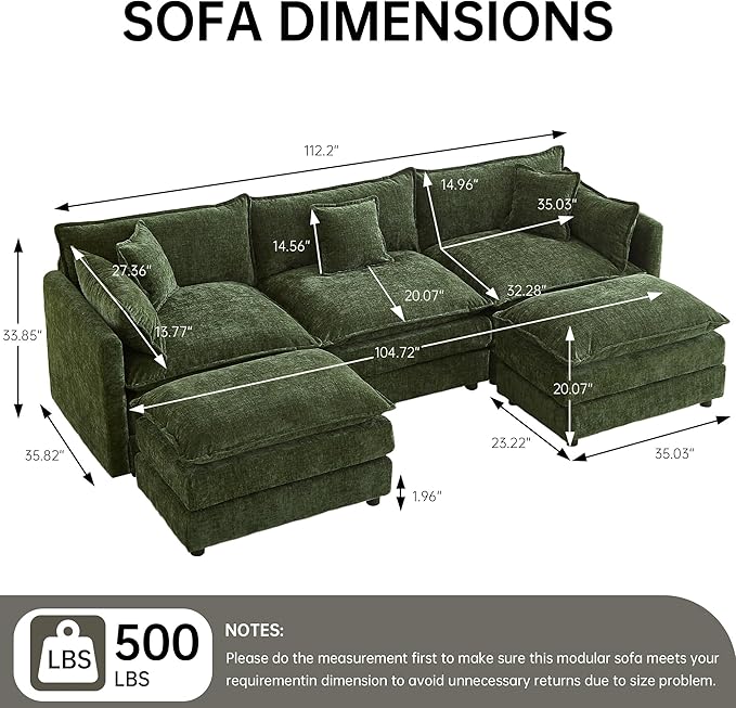 saows Modular Sectional Sofa, 112.2 Inch U Shaped Couch Set with Armrests, 3-Seater Comfy Cloud Couches for Living Room Apartment, Green