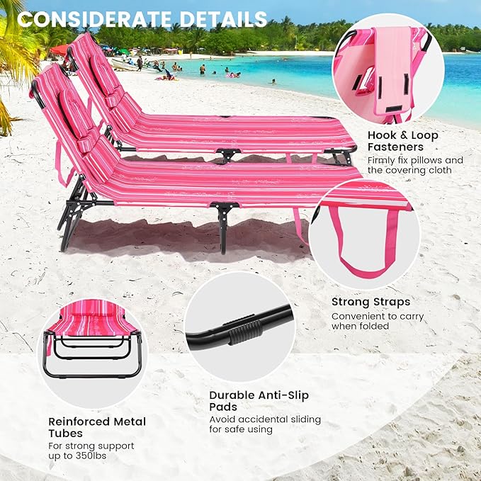 GYMAX Tanning Chair, 350lbs Beach Lounge Chair with Face Hole, Washable Pillow & Carry Strap, Adjustable Folding Chaise Lounge, Layout Lounger for Outside, Patio, Poolside, Lawn (2, Pink Stripe)