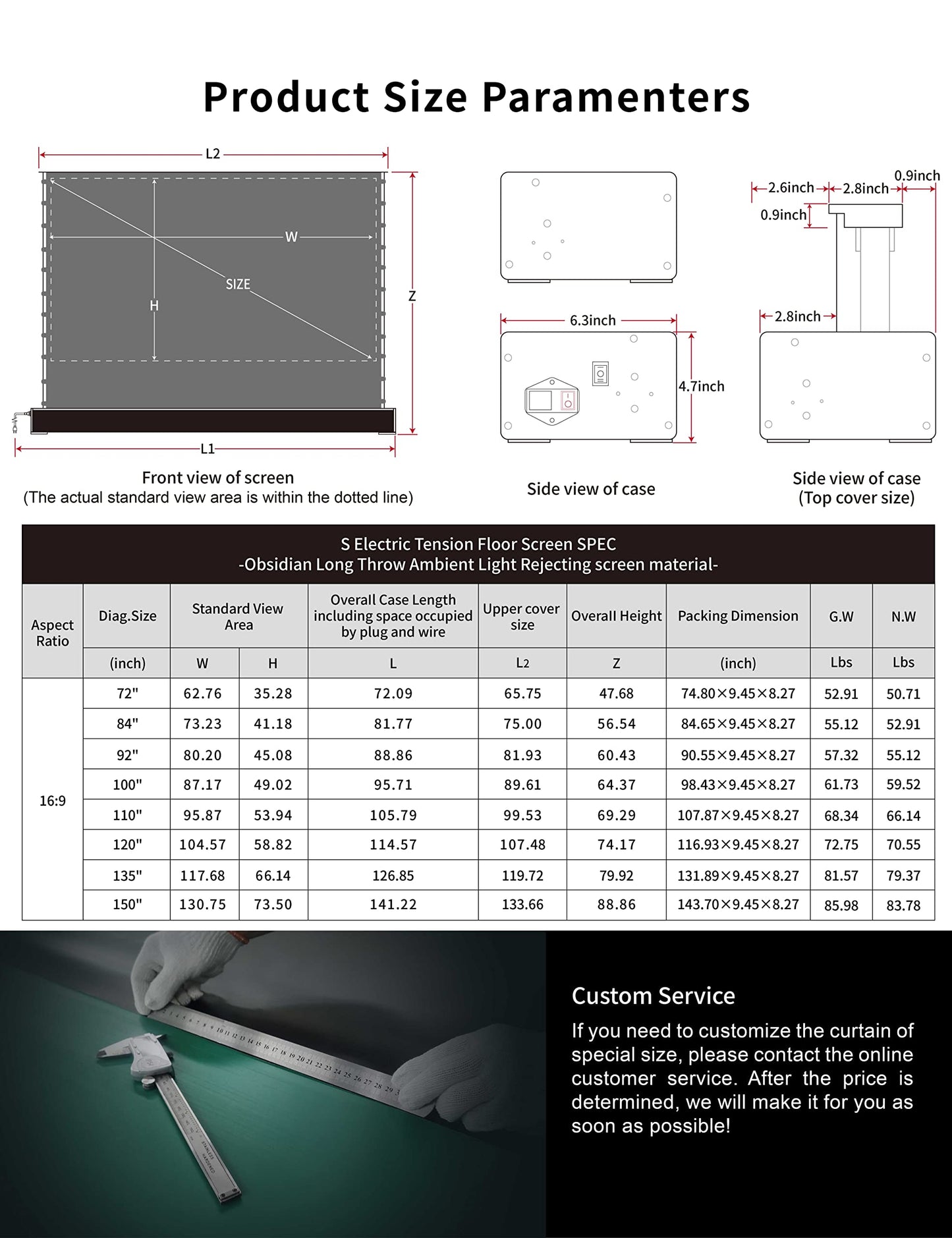 VIVIDSTORM-Projector Screen,Long Focus Ambient Light Rejecting Screen,Black Housing Motorized Floor-Rising Projection Screen,Suitable for Lumen up to 2500ANSI of Normally Projector,VSDSTALR135H