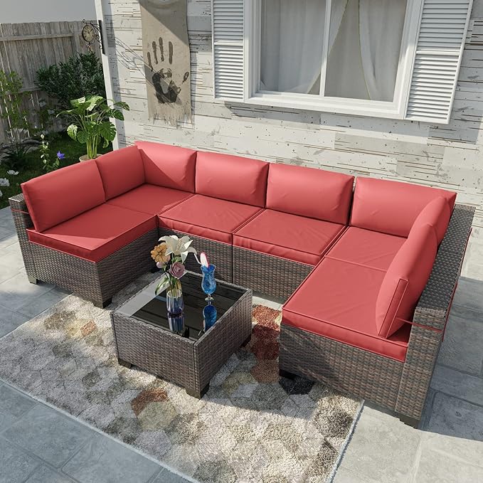 Kullavik 7 Pieces Outdoor Patio Furniture Set,Sectional Rattan Sofa Set Brown PE Rattan Wicker Patio Conversation Set with Tempered Glass Coffee Table and Washable Cushions Covers,Red