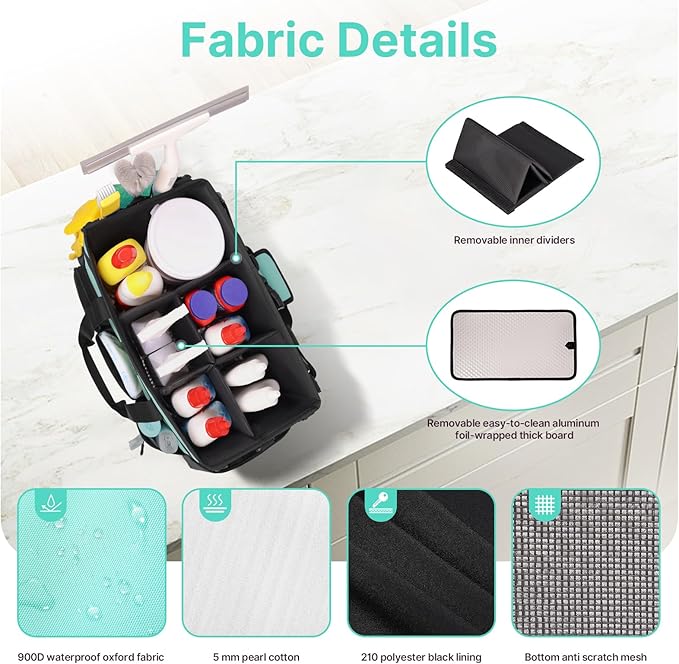 Large Wearable Cleaning Caddy Bags, Cleaning Supplies Storage Bag with Handles and Adjustable Shoulder Strap and Removable Waist Straps,Waterproof Cleaning Tote for Home,Car,Office