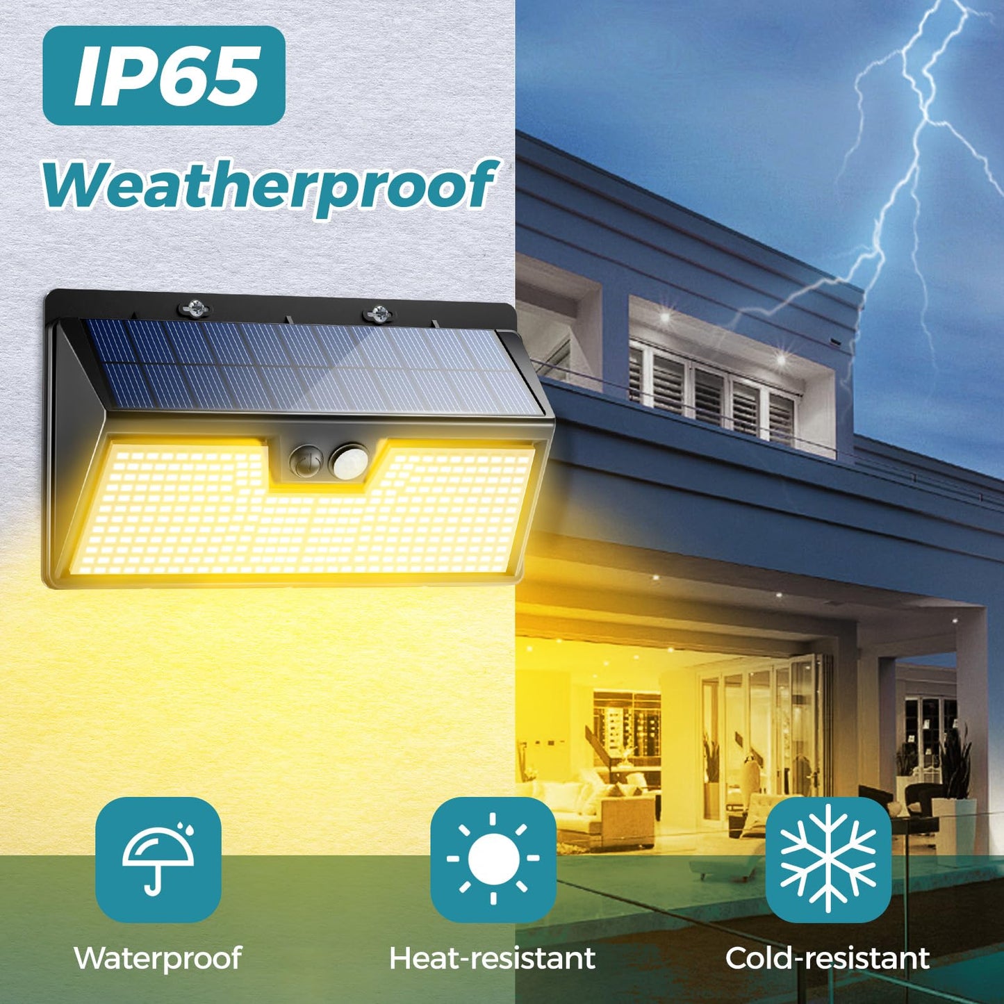 kolpop 318 LED Solar Outdoor Lights, IP65 Waterproof Motion Sensor Outdoor Lights, 3 Modes Super Bright Security Flood Wall Lights for Garden Fence Front Door Yard, 2Pack, Warm White