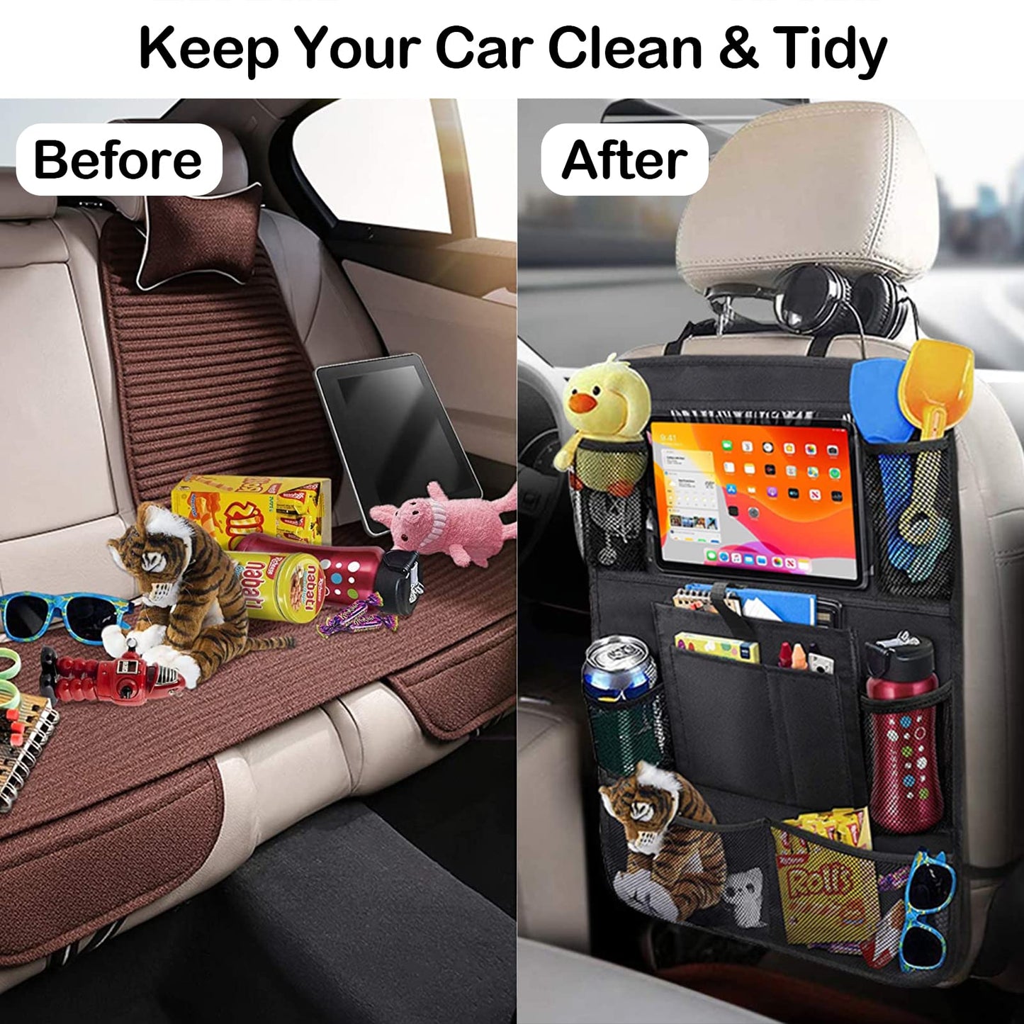 JUCAINHI Car Storage Organizer 2 PCS,Car Backseat Organizer for Kids Durable Waterproof Oxford Fabric with Touchable Tablet Holder 8 Mesh Pockets and 2 Pockets for Snacks Toys,Car Travel Accessories