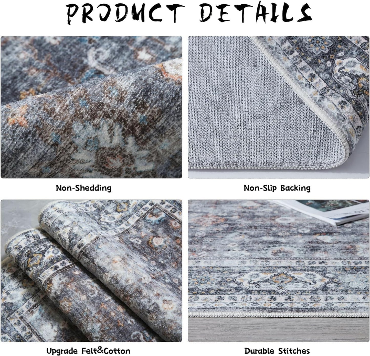 Runner Rug Hallway Runner Rug Washable Kitchen Runner Rugs with Rubber Backing 2'6''x8' 100% Polyester Vintage Rug for Entryway Indoor, Kitchen, Laundry, Bedroom (Grey and Brown)