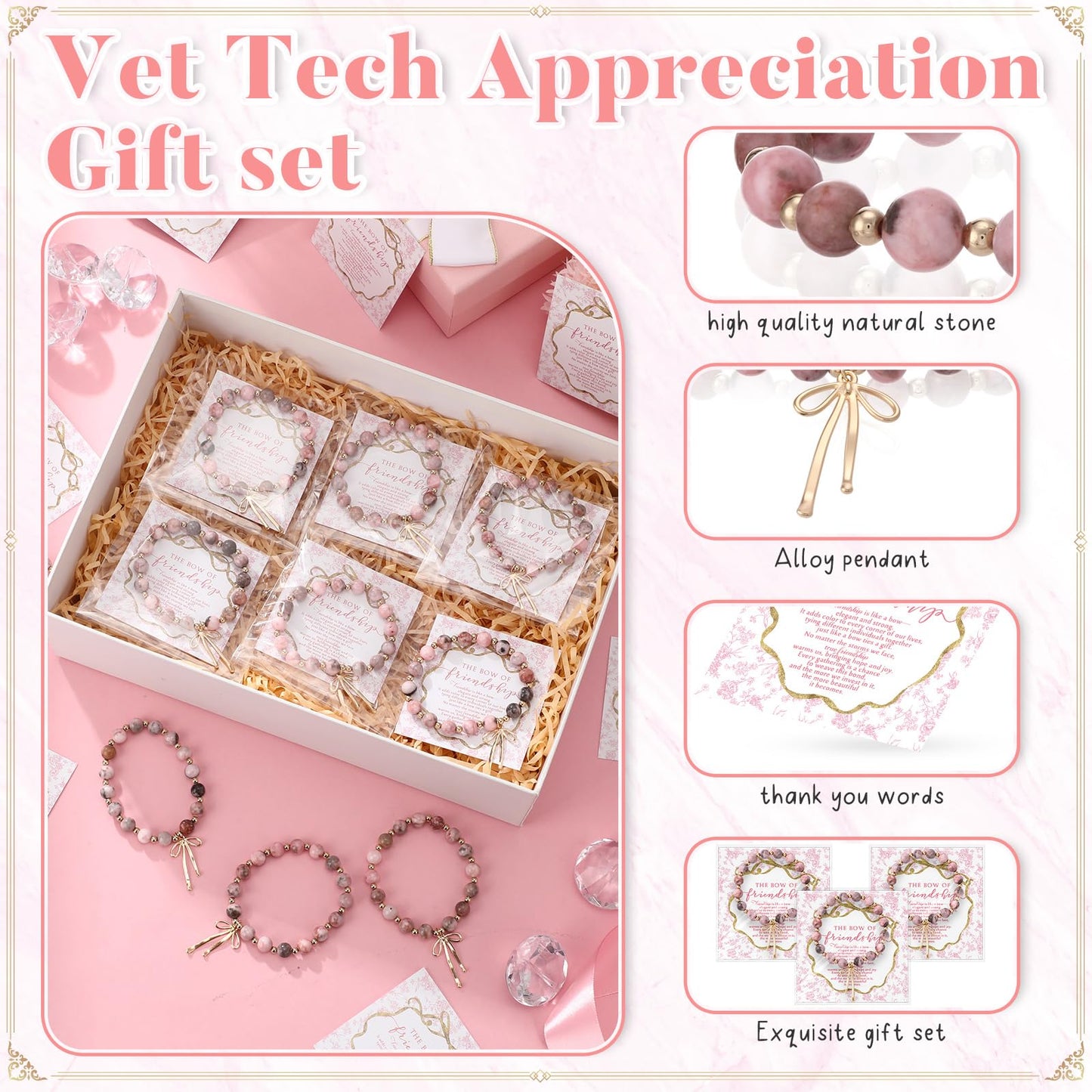 Huquary 12 Set Thanksgiving Friendship Gifts Good Friend Bow Pink Bracelets with Gift Cards Christmas Birthday Jewelry for Women Good Friend Coworker