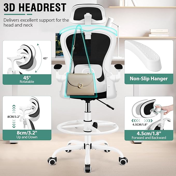 Drafting Chair, Tall Office Chair with 3D Lumbar & Head Support, Ergonomic Mesh Standing Desk Chair with Footring, Comfy Extended High Desk Chair with Flip-Up Arms & Hanger,White