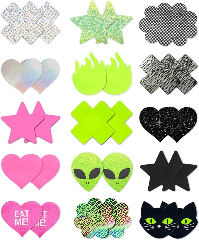 CICKEE Pasties Rave Pack - Nipple Covers Stickers - Disposable Sticky Breast Petals - 15 Pairs