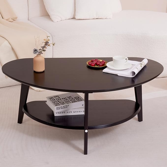 NAVREX Mid Century Modern Coffee Table, Oval Coffee Tables with Storage for Living Room, 2 Tier Solid Wood Center Table, Black Coffe Tables, Easy Assembly, 40.2" D x 22" W x 17.7" H