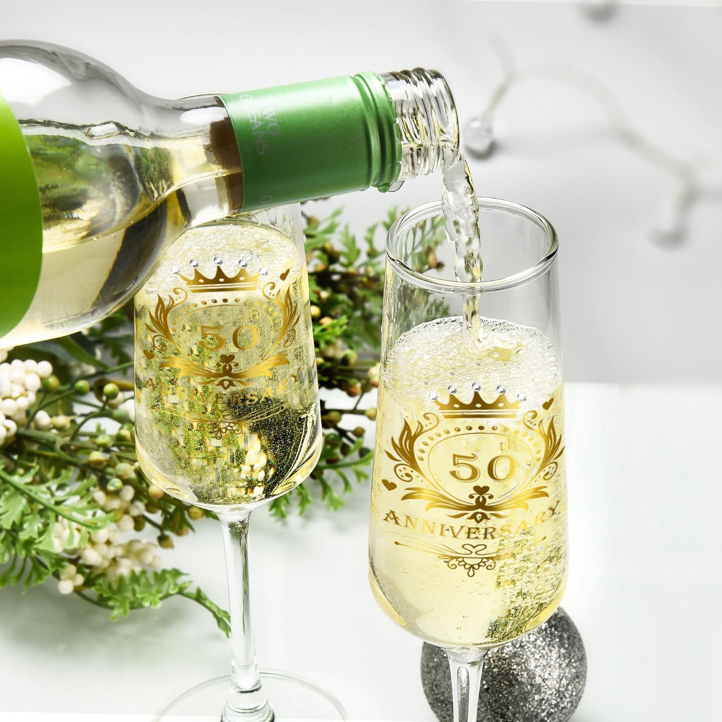 ROXBURGH 50th Wedding Anniversary Champagne Flutes Present Rhinestones Studded, 50th Anniversary Decorations 7 OZ Crystal Champagne Glasses Set of 2, Wedding Present, Couples