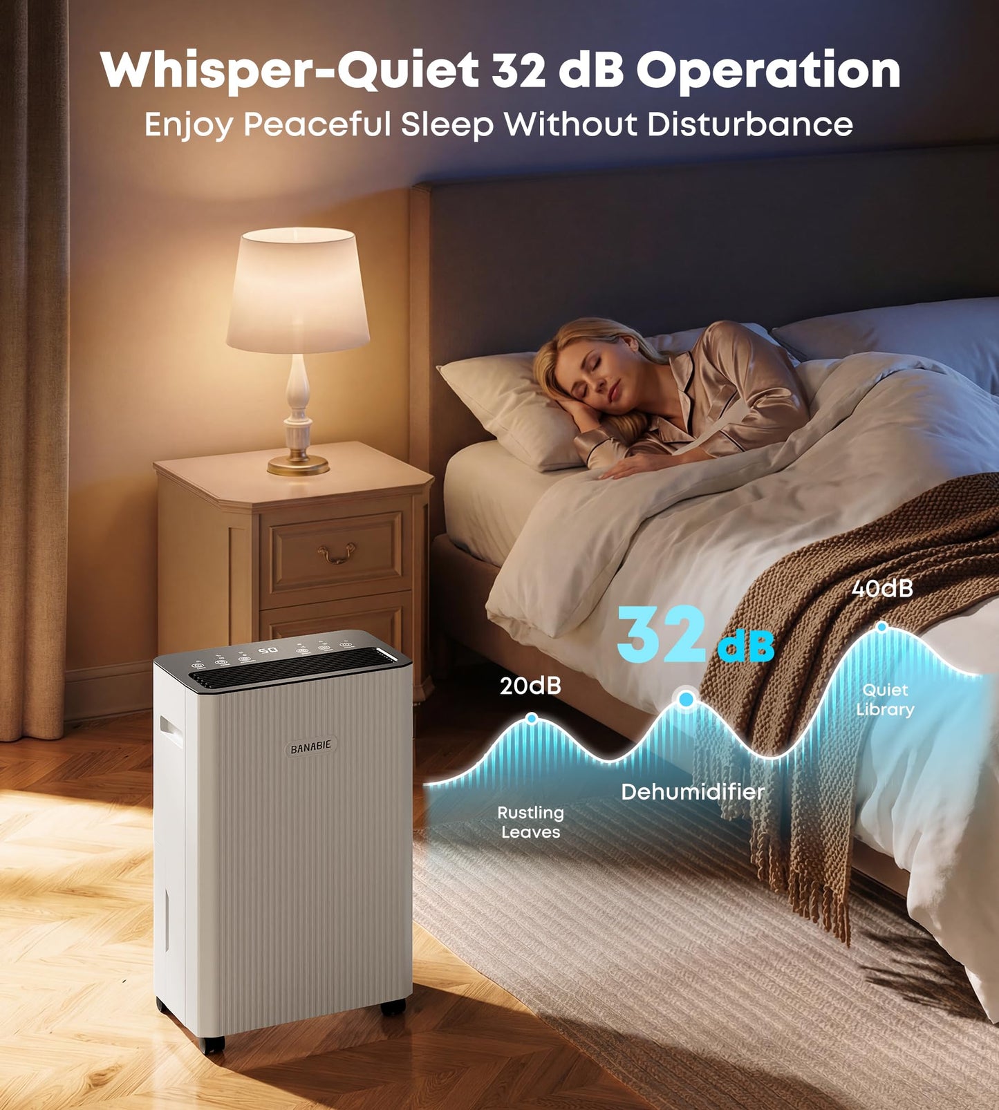 BANABIE 2500 Sq.Ft Dehumidifier for Basement, 32 Pint Dehumidifiers for Home with Drain Hose, Ultra Quiet 32dB, Smart Humidity Control, 24H Timer, Energy Efficient, Portable for Bedroom, Bathroom, RV