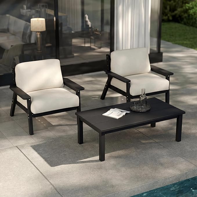 Patio Kingdom Patio Furniture Set with Washable Thick Beige Cushions, HDPE Outdoor Couch, All-Weather Outdoor Sectional Furniture, Patio Conversation Sets for Lawn, Garden, Porch (Black Frame)