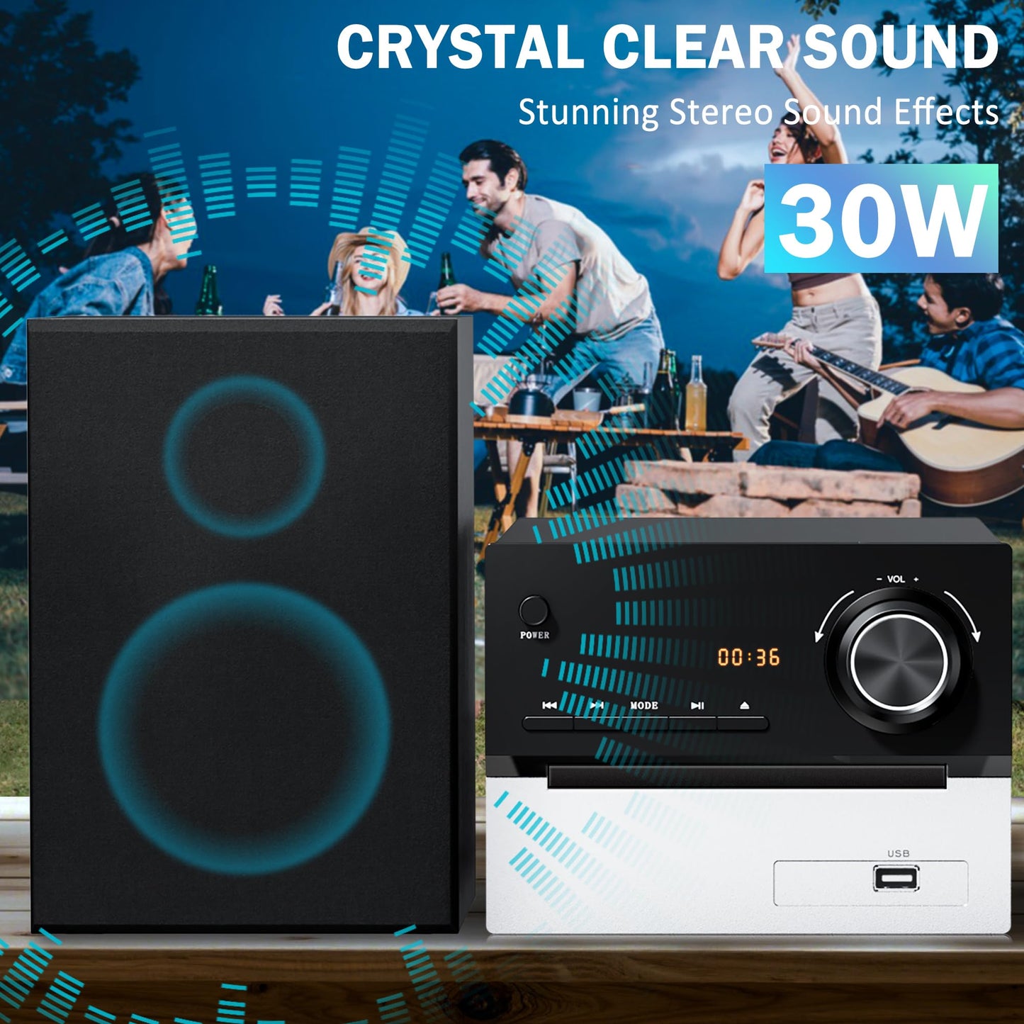 Bluetooth Stereo System For Home, Fm Radio And Cd Player, Home Stereo System With 2X15W Speakers, Usb, Aux Input, Remote Control