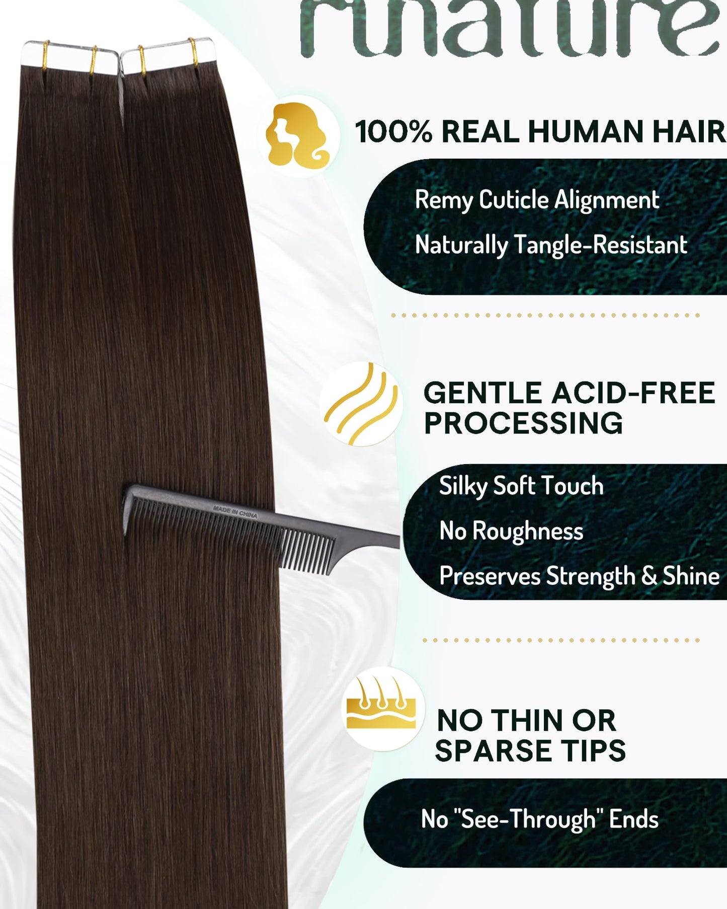 RUNATURE Brown Tape ins Human Hair Extensions 14 Inch Real Hair Tape on Extensions Straight Tape in Hair Extensions Human Hair C