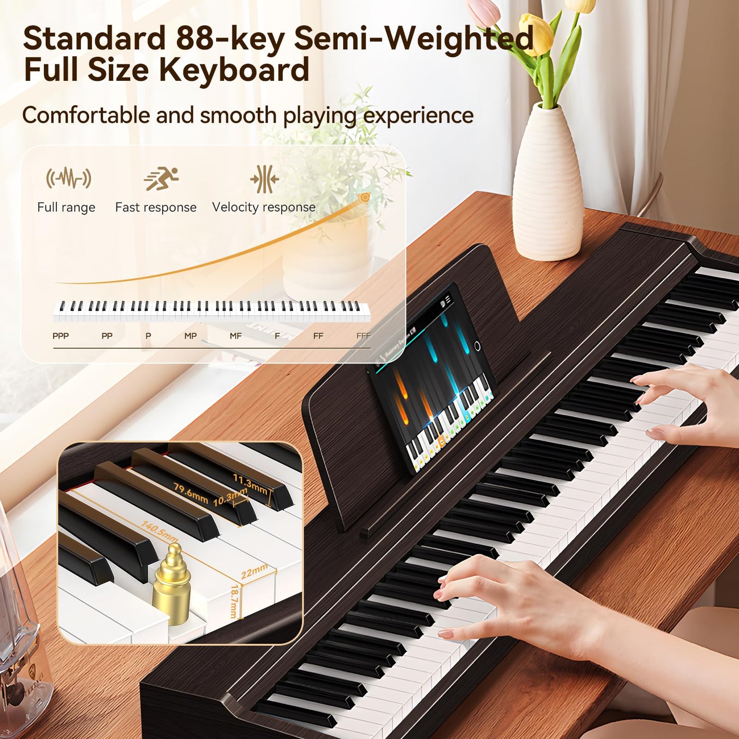 Keyboard Piano 88 Key Digital: 88 Key Piano keyboard Semi-Weighted Full Size Keyboard Digital Premium Sound MIDI Headphone Jack Triple Pedal Compact Design for Beginners to Professionals (Walnut)