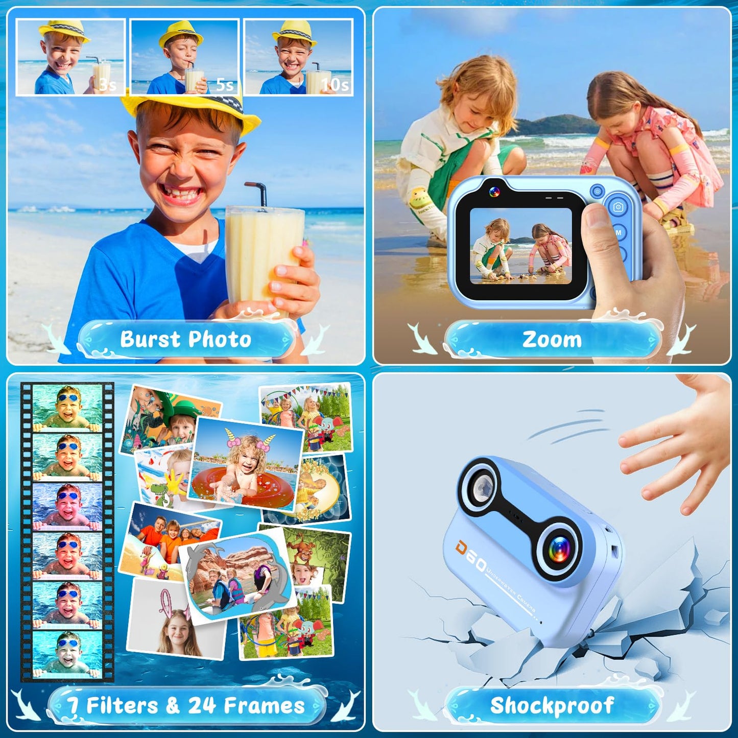 Nawchedo Kids Waterproof Camera, 10FT Underwater Camera, 26MP HD 10X Digital Camera with 2.4" IPS Screen, Kids Action Camera, Blue