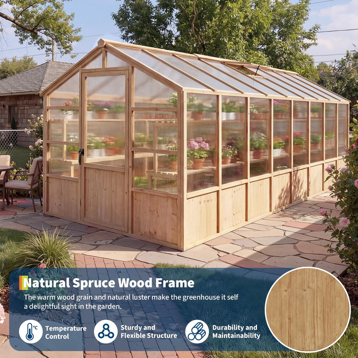 8x16FT Wooden Greenhouse for Outdoor, Walk-in Large Wood Frame Green House Greenhouse Kit with Ventilated Window Lockable Door and Polycarbonate Panels for Garden Backyard Patio Lawn Plant