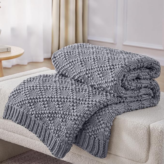 Knitted Weighted Blanket for Adult, Chunky Knit Weighted Throw for Sleep 48"*72" 15lbs, Cooling Breathable Heavy Blanket for Hot Sleepers, Machine Washable Blanket for Room Decor(Light Grey)