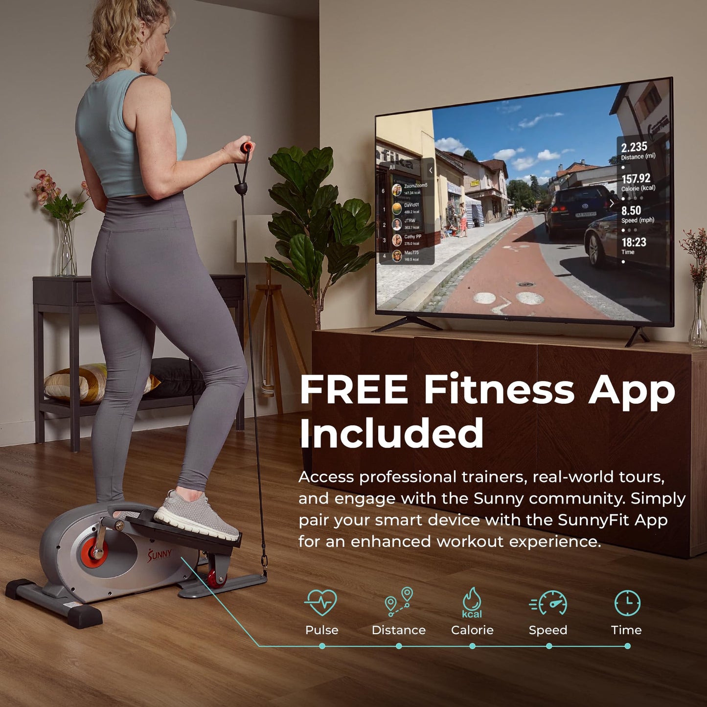Sunny Health & Fitness Smart Elliptical Trainer, Heavy-Duty Exerciser w/Resistance Bands for Leg & Arm Exercise, Home/Office Senior Training Machine, Exclusive SunnyFit App Bluetooth Link–SF-E323054