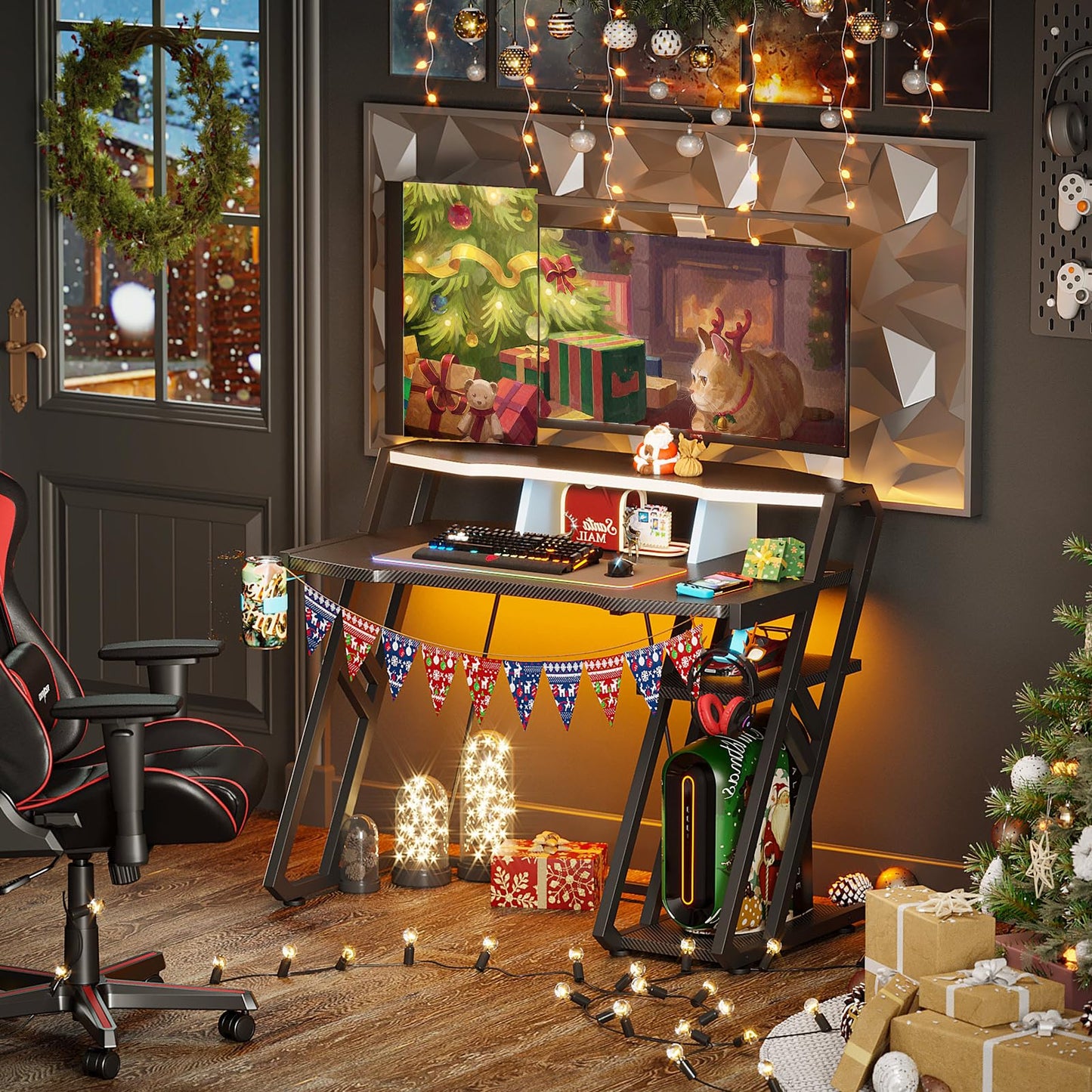 MOTPK Gaming Desk with Storage Shelf 39 inch, Computer Desk with Monitor Shelf, Gaming Table with Carbon Fiber Surface, Gamer Desk with Cup Holder & Headphone Hook, Gift for Boys Men, Black