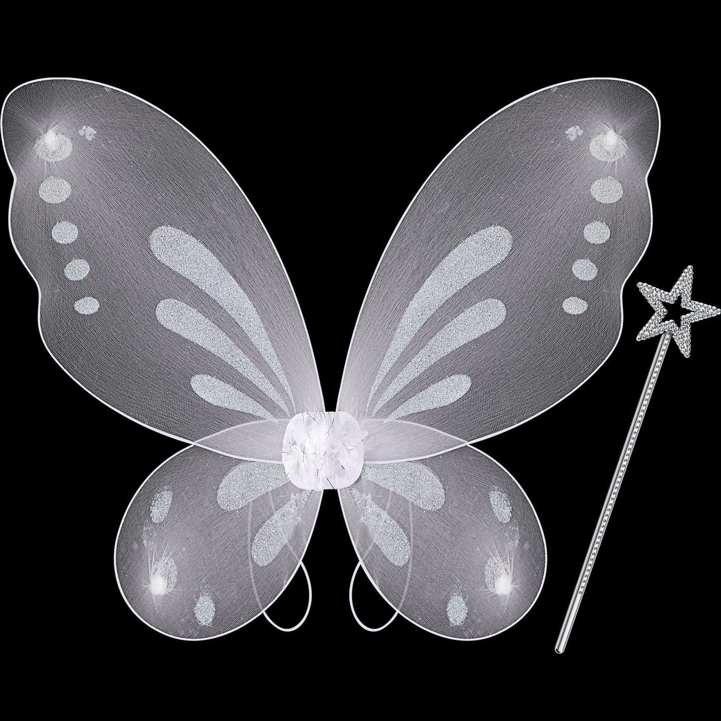Sratte Fairy Princess Butterfly Wings Girls Kids Butterfly Costumes Set Star Wands Adults Christmas Birthday Party(White, Silver)