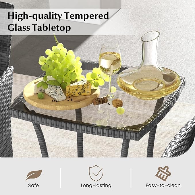 Tangkula 3-Piece Patio Furniture Set, PE Wicker Conversation Bistro Set w/A Tempered Glass Table & 2 Cushioned Chairs, Outdoor Table & Chairs Set for Patio Porch Yard Garden (Mix Gray+Off White)