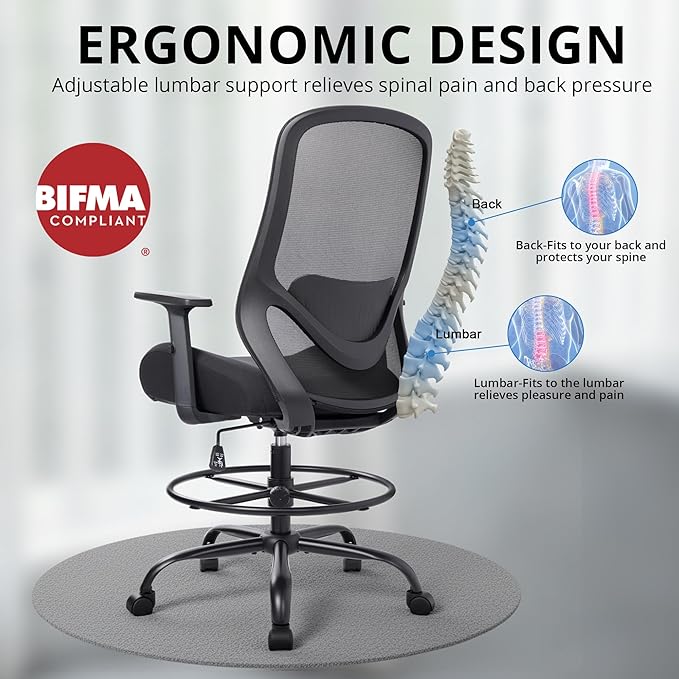 Heavy Duty Office Drafting Chair, High Back Ergonomic Chair,400Lbs Tall Office Chairs, Big and Tall Office Chair with Flip-up Armrest Lumbar Support and Footrest