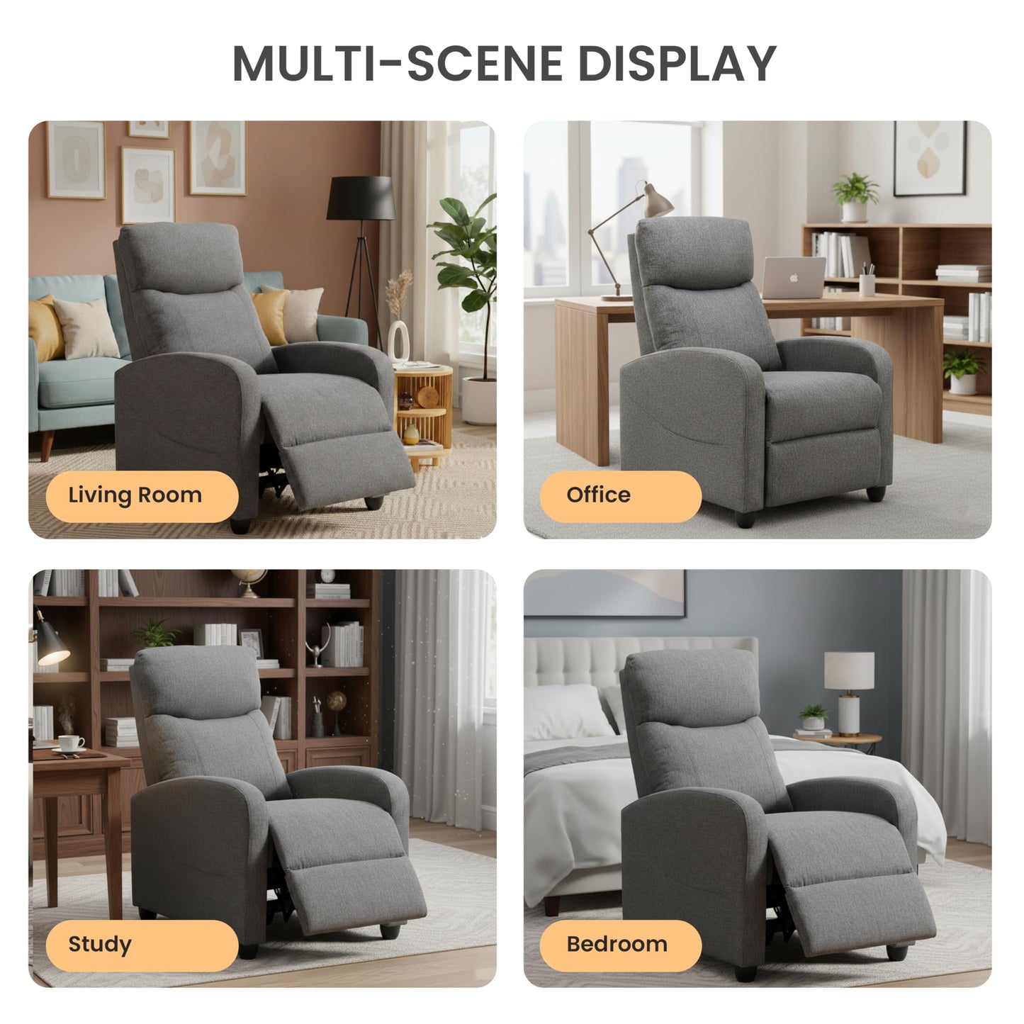 HealSmart Adjustable Push Back Recliner Chair, Soft Fabric Lounge Sofa for Reading & Relaxing, Perfect Home Theater Chair for Living Room & Bedroom, Grey